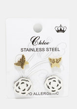 Load image into Gallery viewer, 2-Piece Butterfly & Flower Stud Earrings